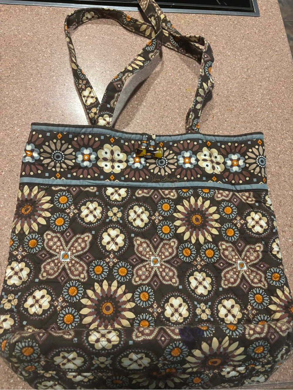 Vera Bradley Floral Pattern Brown Canvas Tote with Cream and Orange Accents
